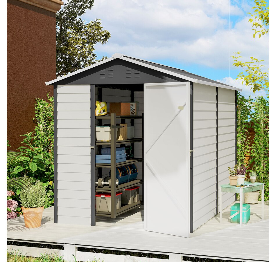 Image 938486_ALTMORE1.jpg, Product 938-486 / Price $549.99, Outsunny 9' x 6' Garden Shed, Metal Outdoor Storage Shed for Yard Dark Grey from Outsunny on TSC.ca's Home & Garden department