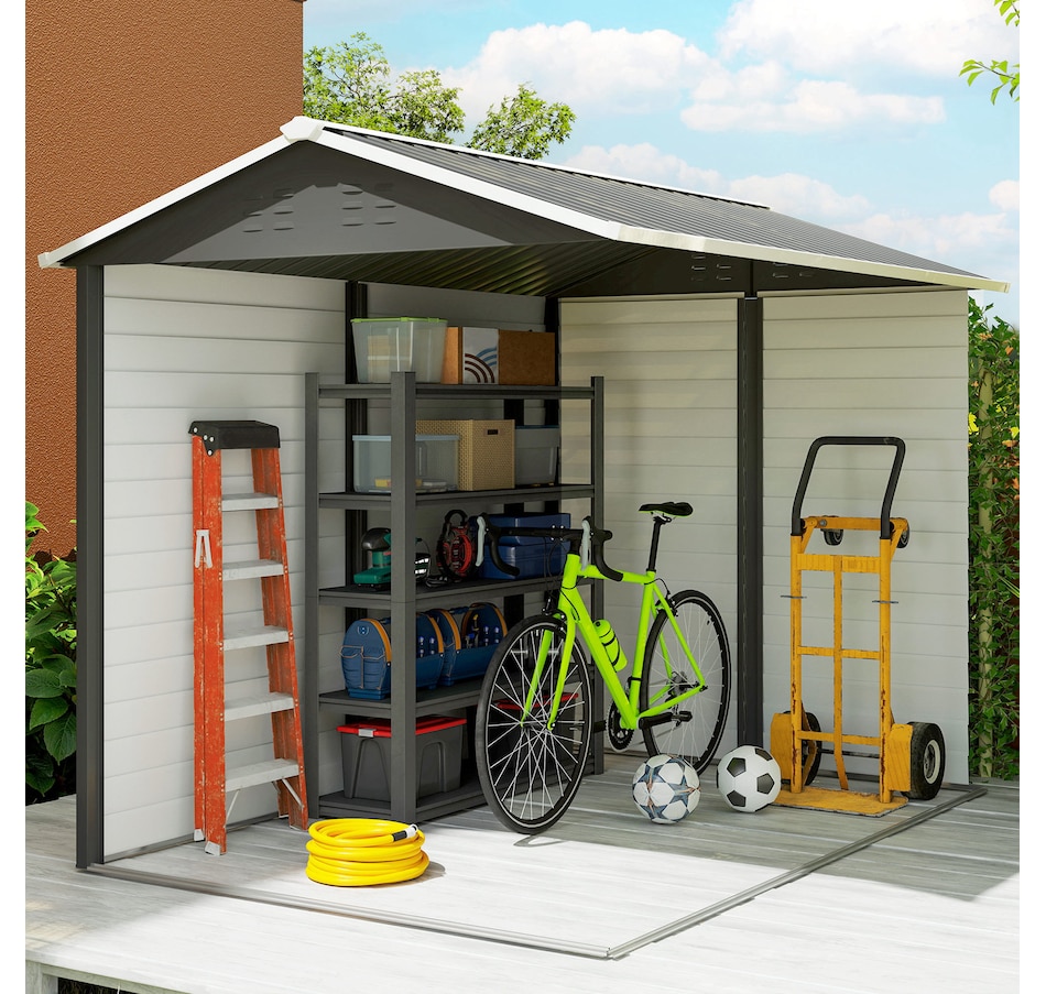 Image 938486_ALTMORE7.jpg, Product 938-486 / Price $549.99, Outsunny 9' x 6' Garden Shed, Metal Outdoor Storage Shed for Yard Dark Grey from Outsunny on TSC.ca's Home & Garden department