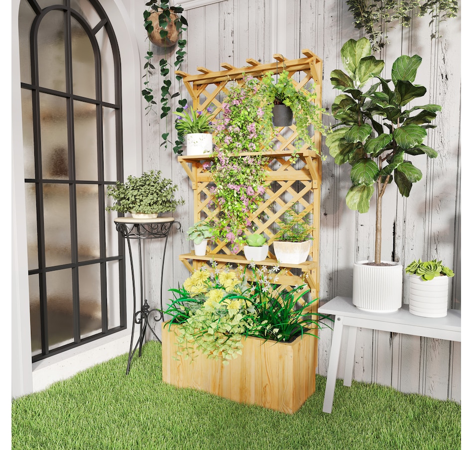 Image 938506_ALTMORE1.jpg, Product 938-506 / Price $139.99, Outsunny Raised Garden Bed with Trellis and Plant Shelf, Nature Wood from Outsunny on TSC.ca's Home & Garden department
