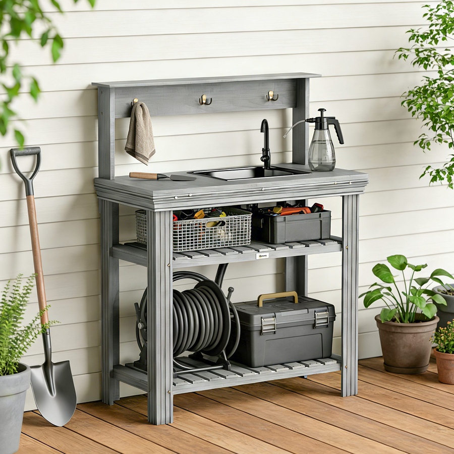 Image 938563_ALTMORE8.jpg, Product 938-563 / Price $169.99, Outsunny Potting Benches for Outside with Faucet, Removable Sink, Shelves from Outsunny on TSC.ca's Home & Garden department