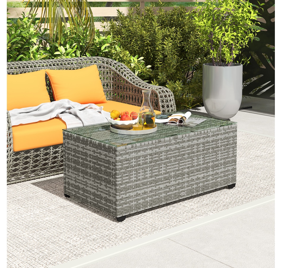 Image 938619_ALTMORE1.jpg, Product 938-619 / Price $114.99, Outsunny Wicker Outdoor Coffee Table, Glass Top Patio Table, Light Grey from Outsunny on TSC.ca's Home & Garden department