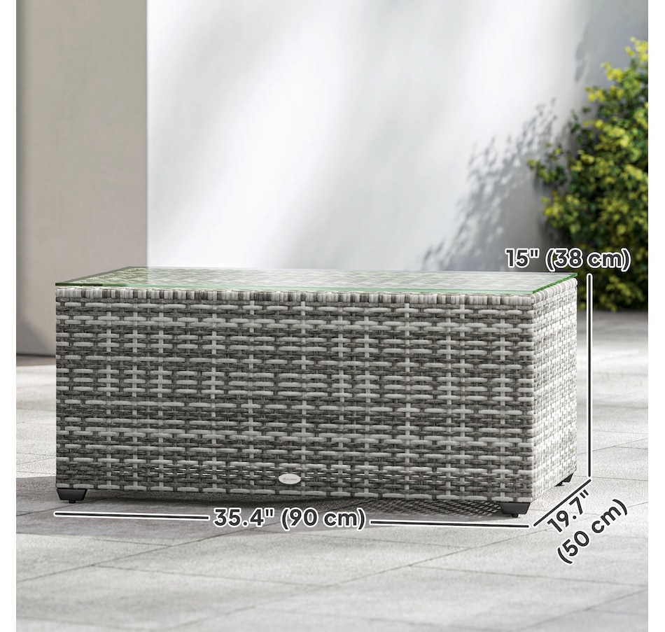 Image 938619_ALTMORE2.jpg, Product 938-619 / Price $114.99, Outsunny Wicker Outdoor Coffee Table, Glass Top Patio Table, Light Grey from Outsunny on TSC.ca's Home & Garden department