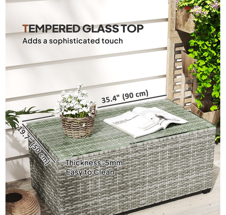 Image 938619_ALTMORE4.jpg, Product 938-619 / Price $114.99, Outsunny Wicker Outdoor Coffee Table, Glass Top Patio Table, Light Grey from Outsunny on TSC.ca's Home & Garden department
