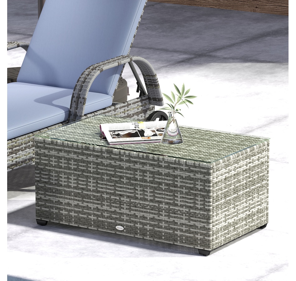 Image 938619_ALTMORE7.jpg, Product 938-619 / Price $114.99, Outsunny Wicker Outdoor Coffee Table, Glass Top Patio Table, Light Grey from Outsunny on TSC.ca's Home & Garden department