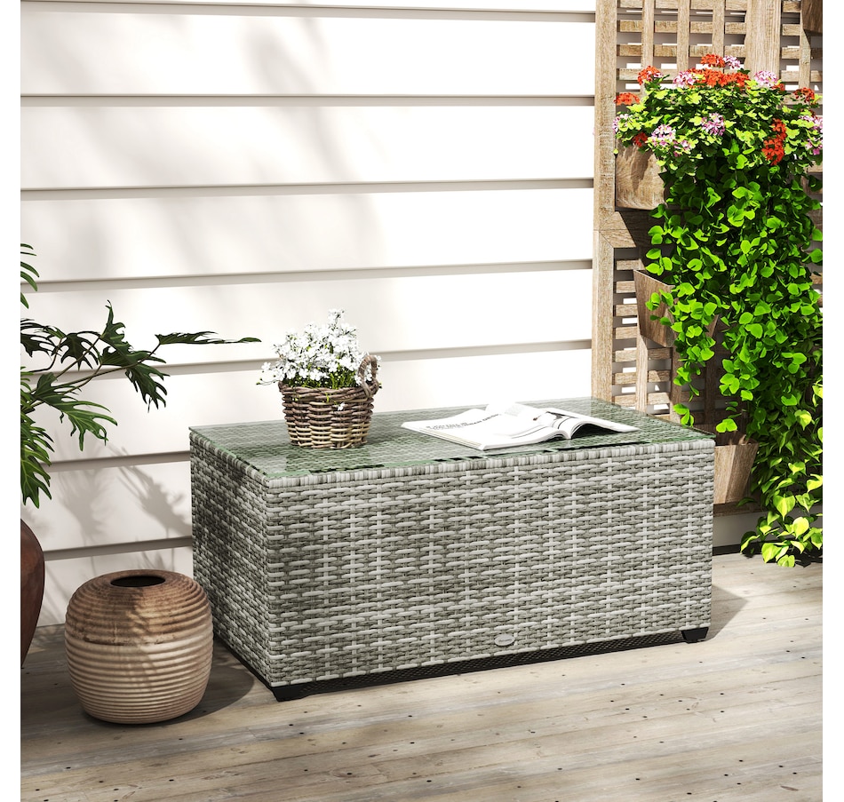 Image 938619_ALTMORE8.jpg, Product 938-619 / Price $114.99, Outsunny Wicker Outdoor Coffee Table, Glass Top Patio Table, Light Grey from Outsunny on TSC.ca's Home & Garden department