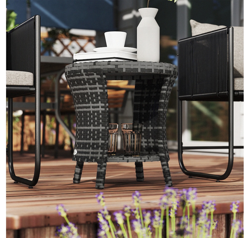 Image 938627_ALTMORE8.jpg, Product 938-627 / Price $99.99, Outsunny 18" Wicker Outdoor Coffee Table, 2-Tier Patio Side Table, Grey from Outsunny on TSC.ca's Home & Garden department