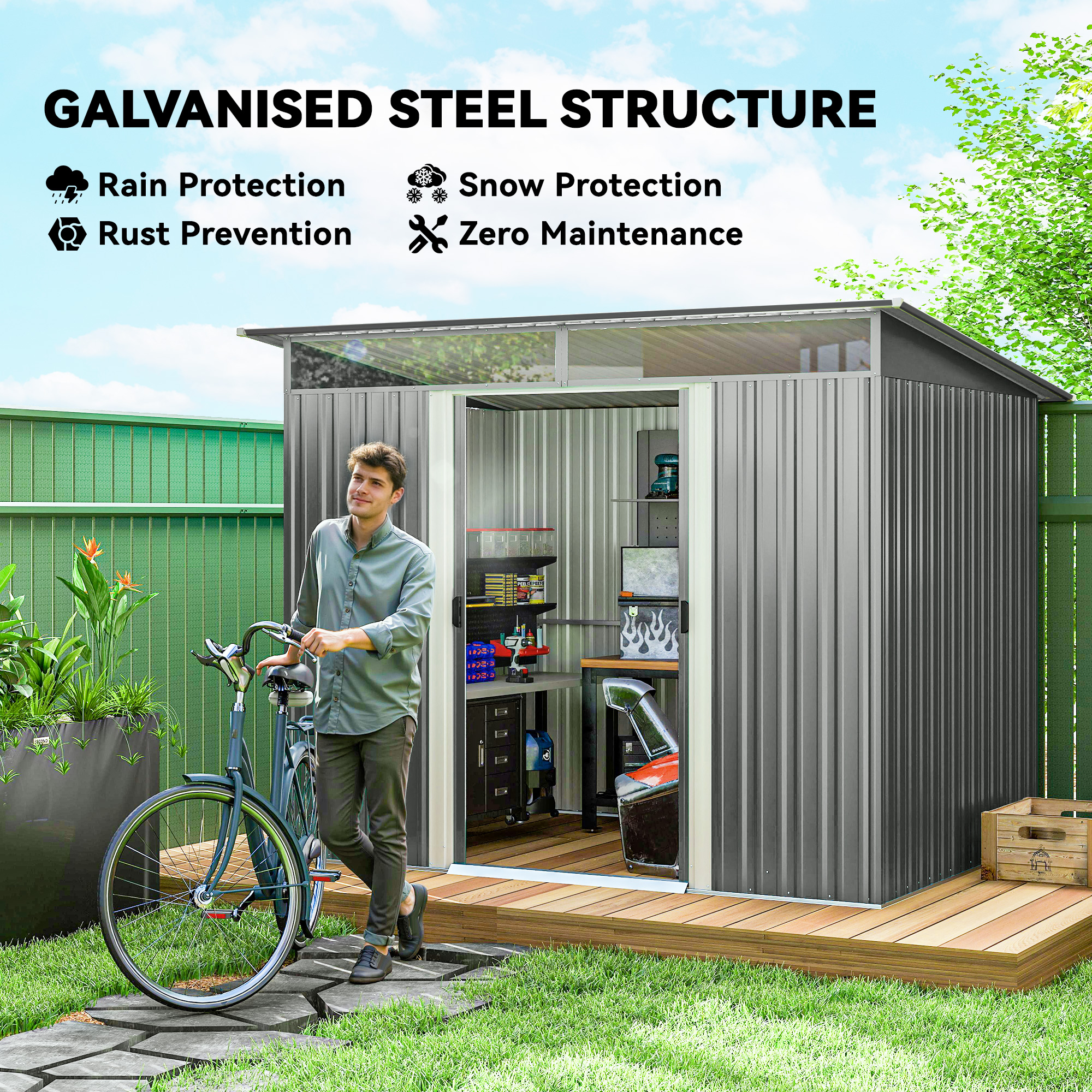 Outsunny 9' x 6.5' Garden Storage Shed with Skylight, Light Grey