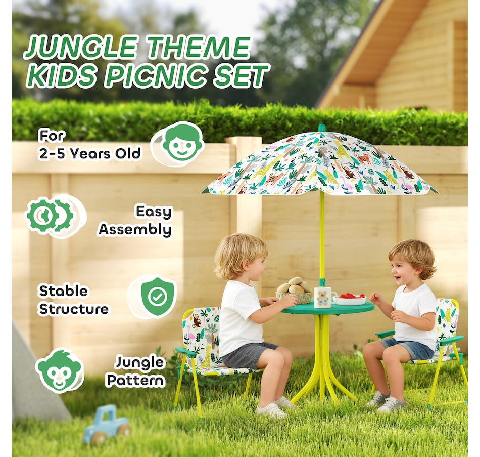 Image 938689_ALTMORE3.jpg, Product 938-689 / Price $69.99, Qaba Kids Picnic Table with 2 Folding Chairs and Umbrella, Green from Qaba on TSC.ca's Home & Garden department