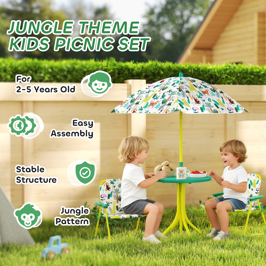 Image 938689_ALTMORE3.jpg, Product 938-689 / Price $55.99, Qaba Kids Picnic Table with 2 Folding Chairs and Umbrella, Green from Qaba on TSC.ca's Home & Garden department