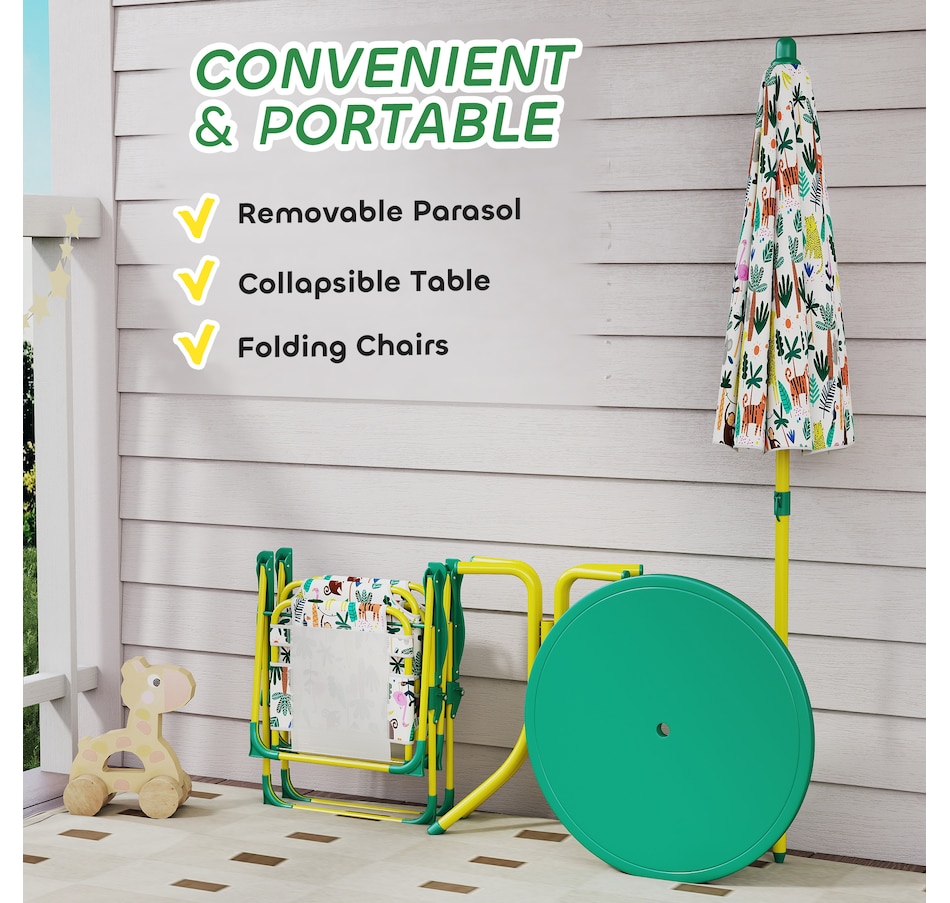 Image 938689_ALTMORE4.jpg, Product 938-689 / Price $69.99, Qaba Kids Picnic Table with 2 Folding Chairs and Umbrella, Green from Qaba on TSC.ca's Home & Garden department