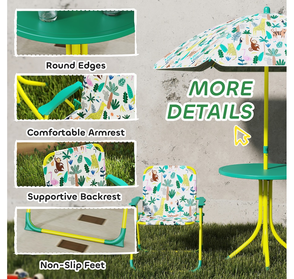 Image 938689_ALTMORE5.jpg, Product 938-689 / Price $69.99, Qaba Kids Picnic Table with 2 Folding Chairs and Umbrella, Green from Qaba on TSC.ca's Home & Garden department