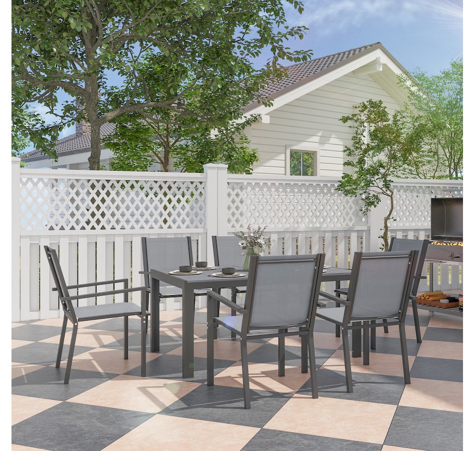 Image 938700_ALTMORE1.jpg, Product 938-700 / Price $439.99, Outsunny 7 Piece Outdoor Dining Set with Table and 6 Stackable Chairs from Outsunny on TSC.ca's Home & Garden department