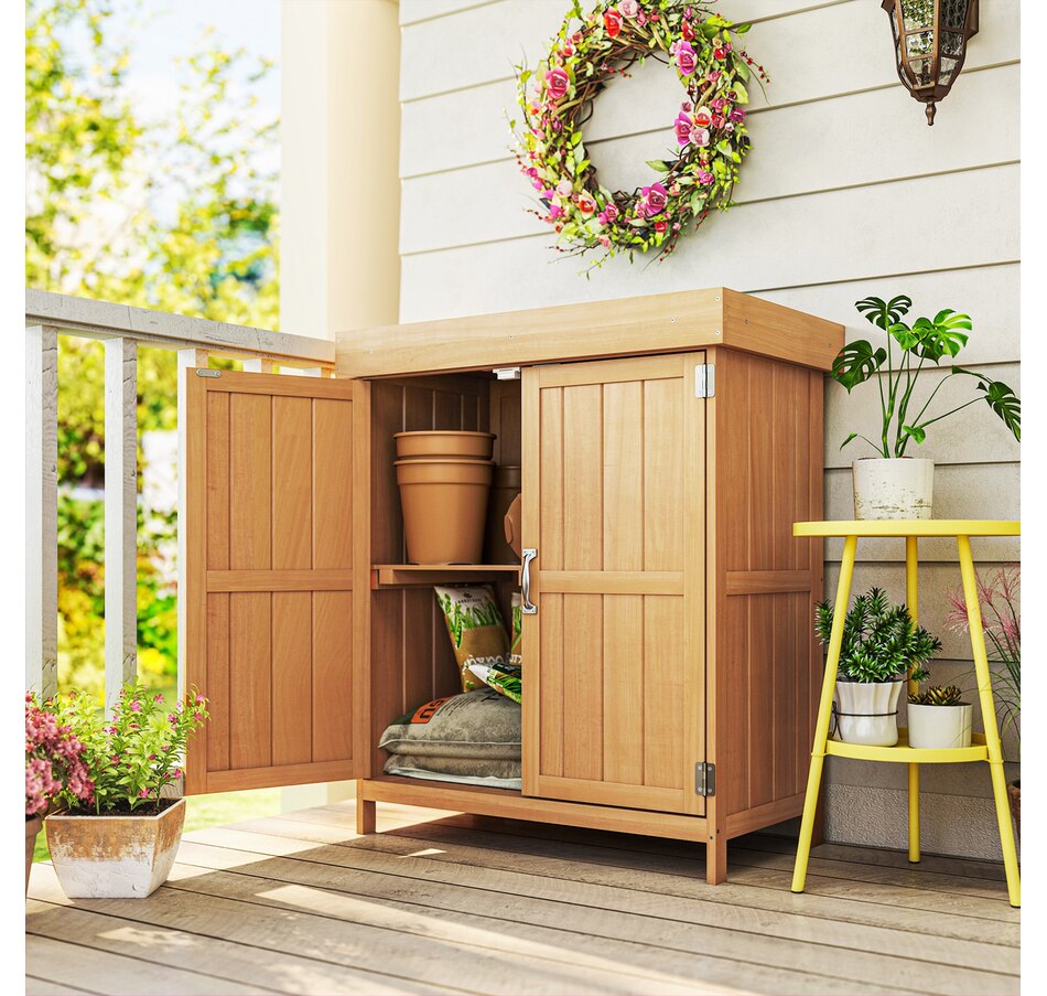 Image 946877_ALTMORE1.jpg, Product 946-877 / Price $149.99, Outsunny Wood Garden Shed Outdoor Tool Shed with Hinged Roof, Natural Wood from Outsunny on TSC.ca's Home & Garden department