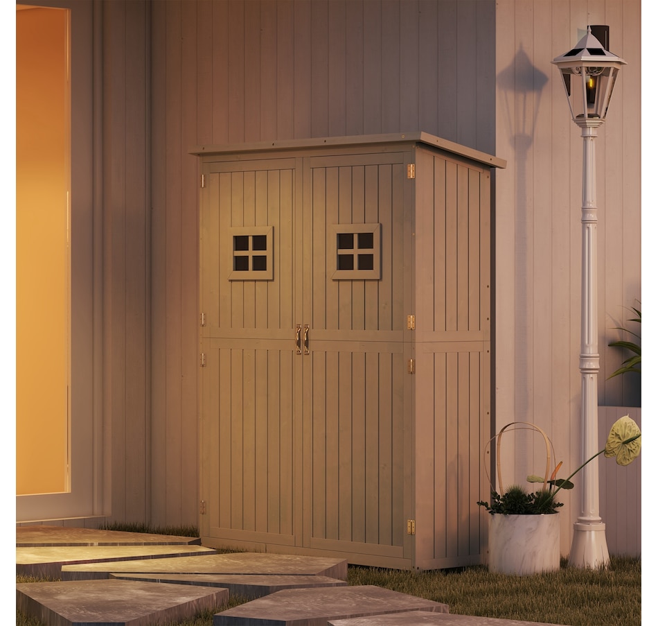 Image 946878_ALTMORE8.jpg, Product 946-878 / Price $439.99, Outsunny 4'x1.5' Wooden Garden Storage Shed w/ Windows, Grey from Outsunny on TSC.ca's Home & Garden department