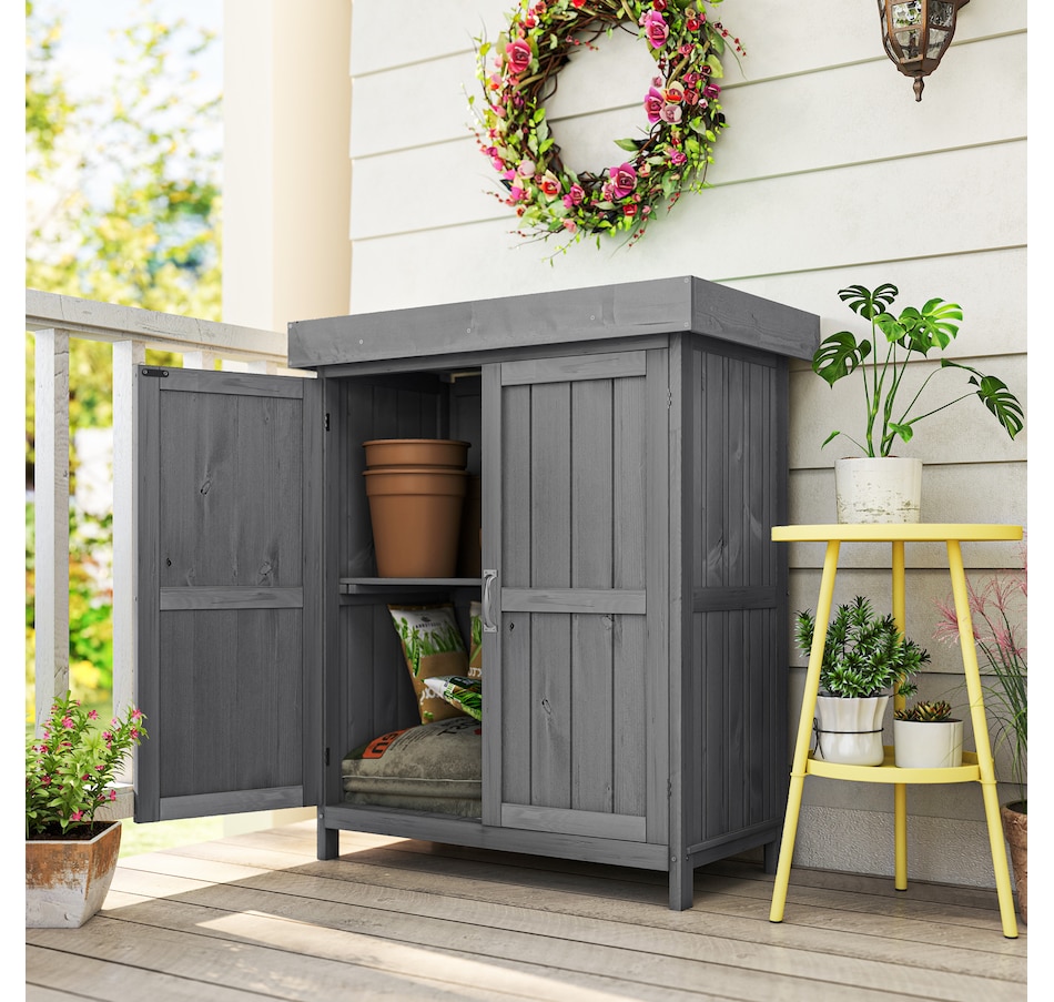 Image 946882_ALTMORE9.jpg, Product 946-882 / Price $199.99, Outsunny Wood Garden Shed Outdoor Tool Shed with Hinged Roof, Dark Grey from Outsunny on TSC.ca's Home & Garden department
