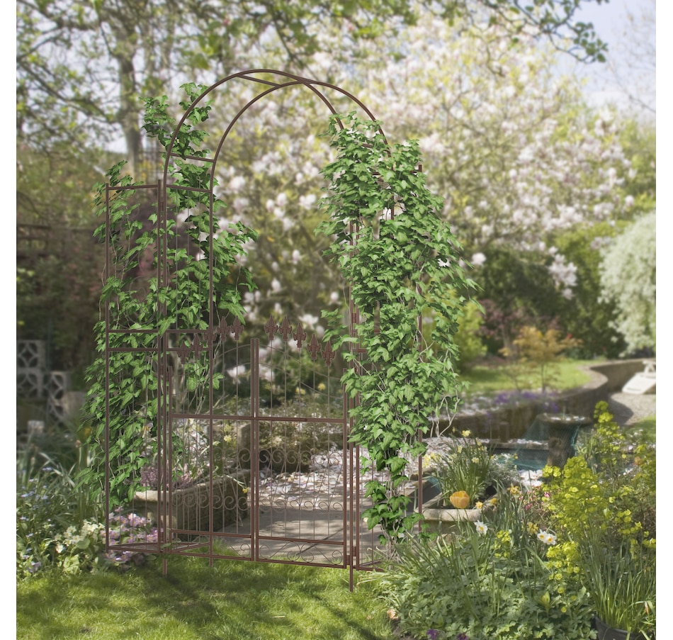 Image 946929_ALTMORE1.jpg, Product 946-929 / Price $154.99, Outsunny 7ft Garden Gate Arbor Wedding Arch with Doors Plant Shelves, Brown from Outsunny on TSC.ca's Home & Garden department