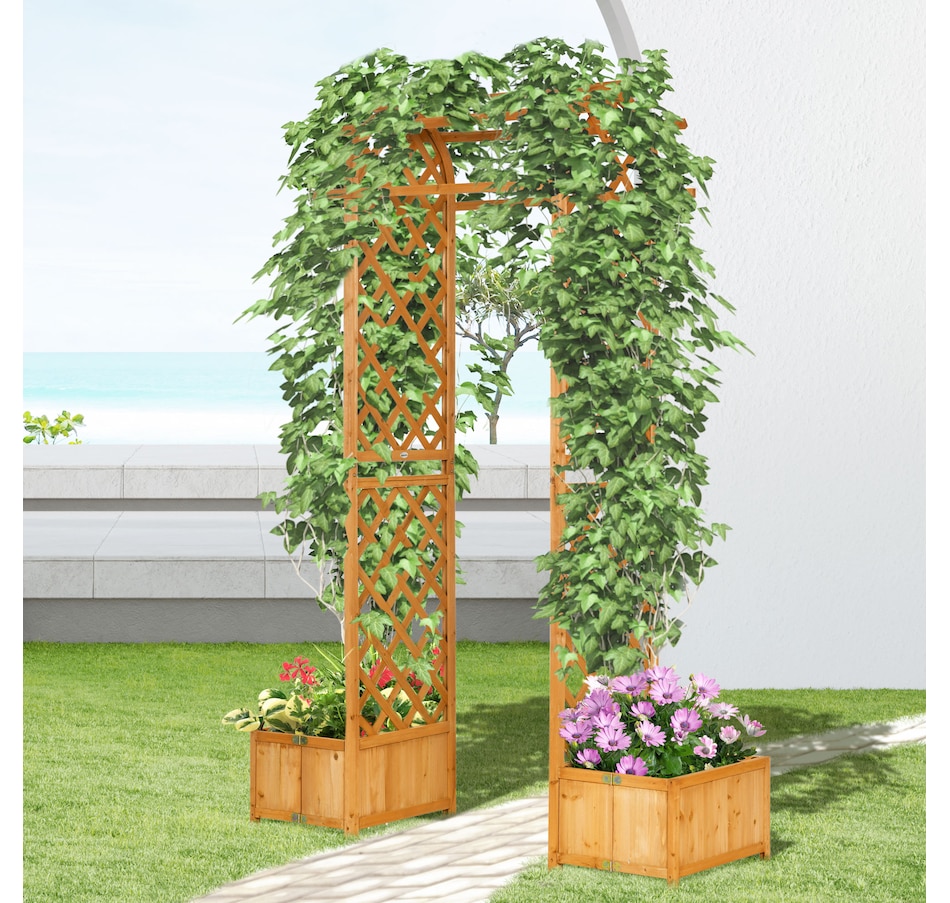 Image 946950_ALTMORE9.jpg, Product 946-950 / Price $184.99, Outsunny 7.7FT Garden Arch with Planter Boxes Wooden Trellis Arbor, Brown from Outsunny on TSC.ca's Home & Garden department