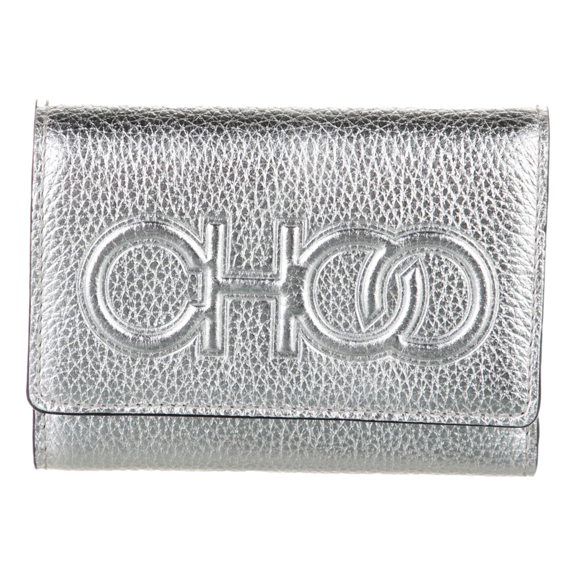 Jimmy Choo Loni Silver Leather Embossed Logo Tri-Fold Card Case
