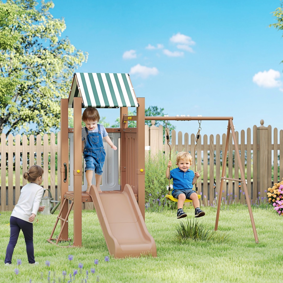 Image 947172_ALTMORE2.jpg, Product 947-172 / Price $399.99, Qaba Kids Swing Set, Heavy-Duty Swing Set with Slide, Covered Fort, Ladder from Qaba on TSC.ca's Home & Garden department
