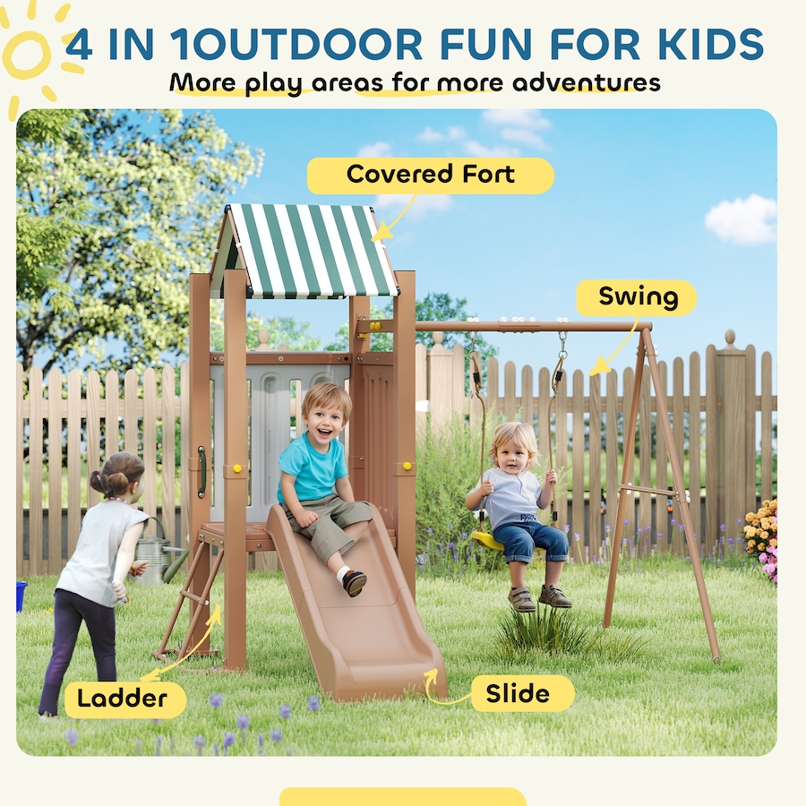 Image 947172_ALTMORE4.jpg, Product 947-172 / Price $399.99, Qaba Kids Swing Set, Heavy-Duty Swing Set with Slide, Covered Fort, Ladder from Qaba on TSC.ca's Home & Garden department