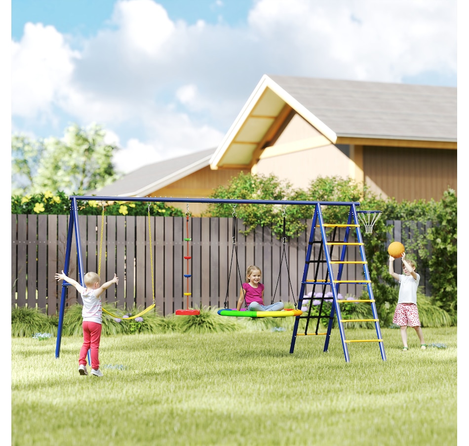 Image 947174_ALTMORE2.jpg, Product 947-174 / Price $279.99, Qaba 6 in 1 Kids Swing Set for Outdoor, A-Frame & Heavy Duty, for Ages 3-8 from Qaba on TSC.ca's Home & Garden department