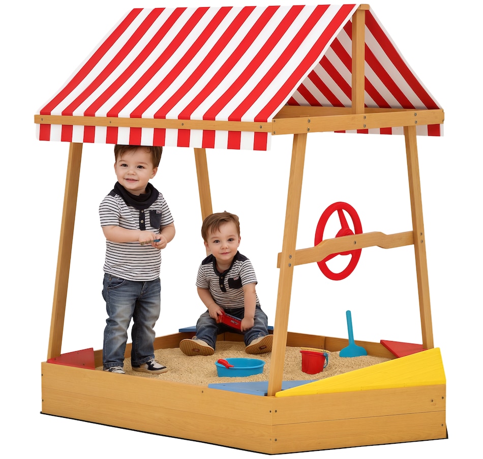 Image 947200.png, Product 947-200 / Price $109.99, Qaba Kids Sandbox with Cover, 4 Seats, Rudder, Deck, for Ages 3-8, Yellow from Qaba on TSC.ca's Home & Garden department