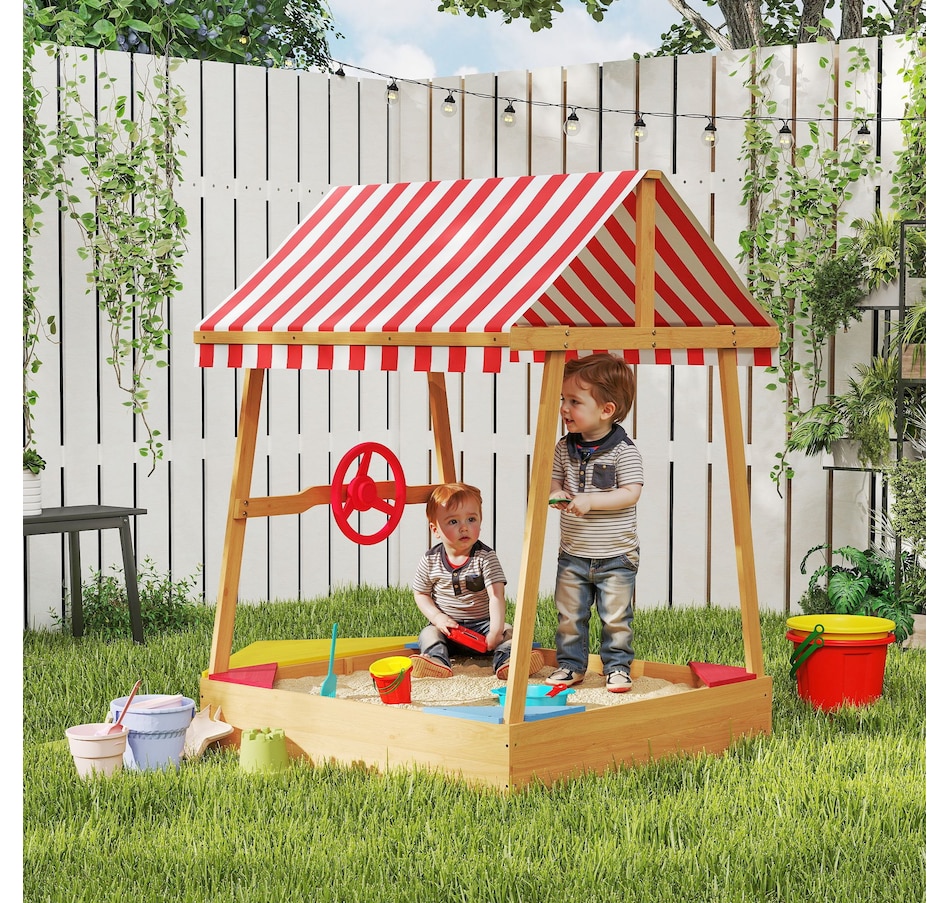 Image 947200_ALTMORE2.jpg, Product 947-200 / Price $109.99, Qaba Kids Sandbox with Cover, 4 Seats, Rudder, Deck, for Ages 3-8, Yellow from Qaba on TSC.ca's Home & Garden department