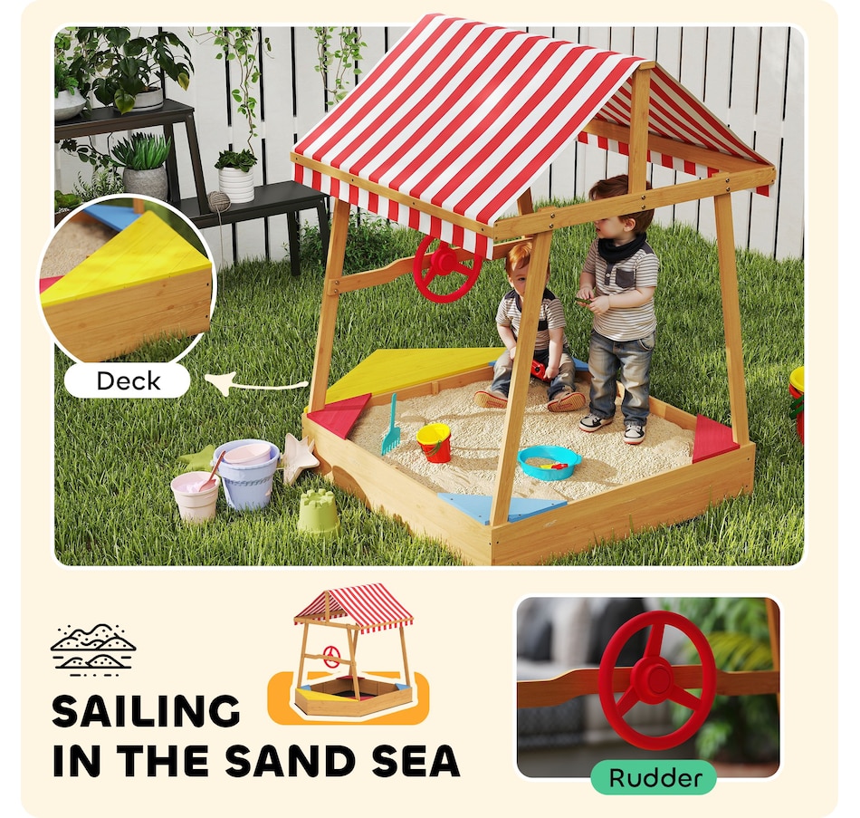 Image 947200_ALTMORE4.jpg, Product 947-200 / Price $109.99, Qaba Kids Sandbox with Cover, 4 Seats, Rudder, Deck, for Ages 3-8, Yellow from Qaba on TSC.ca's Home & Garden department