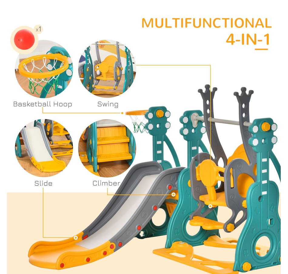 Image 947210_ALTMORE10.jpg, Product 947-210 / Price $158.99, Qaba 4-in-1 Kids Slide and Swing Set with Basketball Hoop and Adjustable Seat Height from Qaba on TSC.ca's Home & Garden department