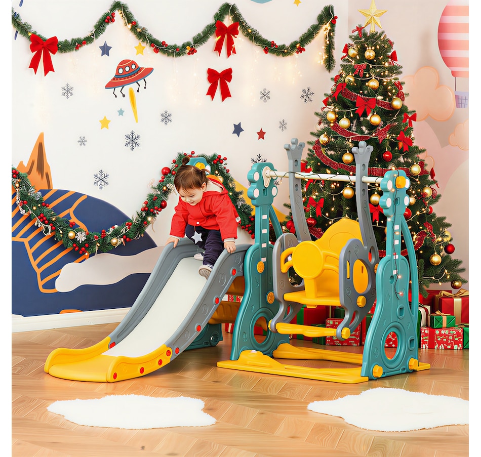 Image 947210_ALTMORE11.jpg, Product 947-210 / Price $158.99, Qaba 4-in-1 Kids Slide and Swing Set with Basketball Hoop and Adjustable Seat Height from Qaba on TSC.ca's Home & Garden department