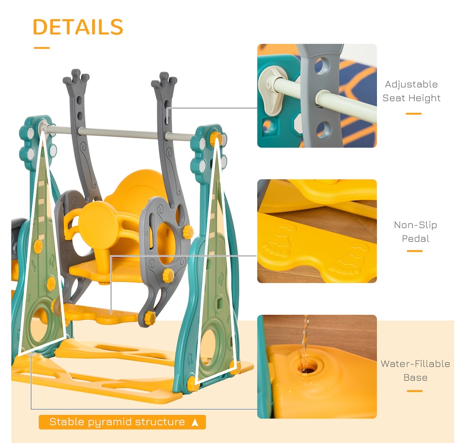 Image 947210_ALTMORE7.jpg, Product 947-210 / Price $158.99, Qaba 4-in-1 Kids Slide and Swing Set with Basketball Hoop and Adjustable Seat Height from Qaba on TSC.ca's Home & Garden department