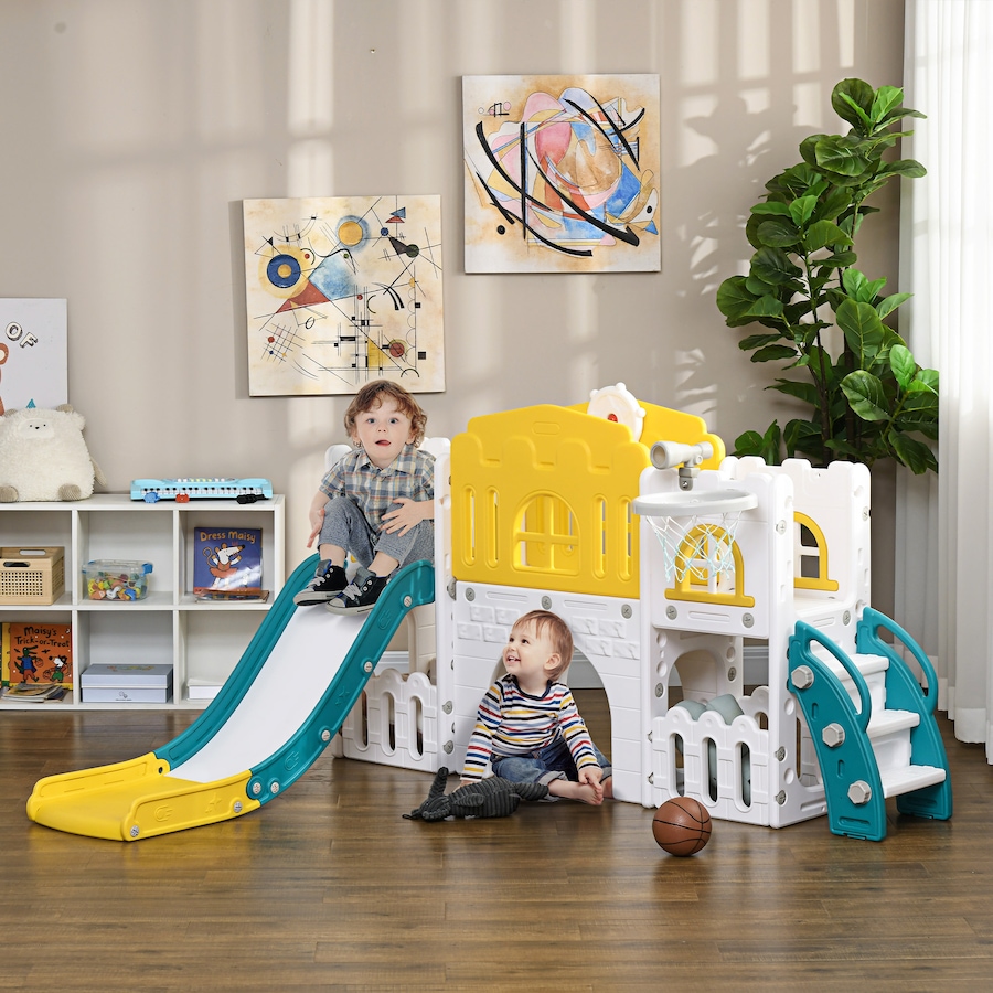 Image 947233_ALTMORE2.jpg, Product 947-233 / Price $209.99, Qaba 9 in 1 Toddler Slide with Basketball Hoop, for 1-3 Years, Yellow from Qaba on TSC.ca's Home & Garden department
