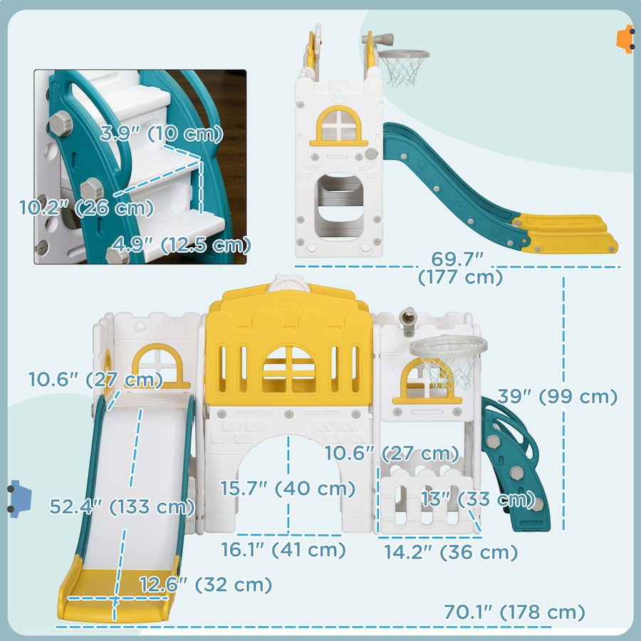 Image 947233_ALTMORE3.jpg, Product 947-233 / Price $209.99, Qaba 9 in 1 Toddler Slide with Basketball Hoop, for 1-3 Years, Yellow from Qaba on TSC.ca's Home & Garden department