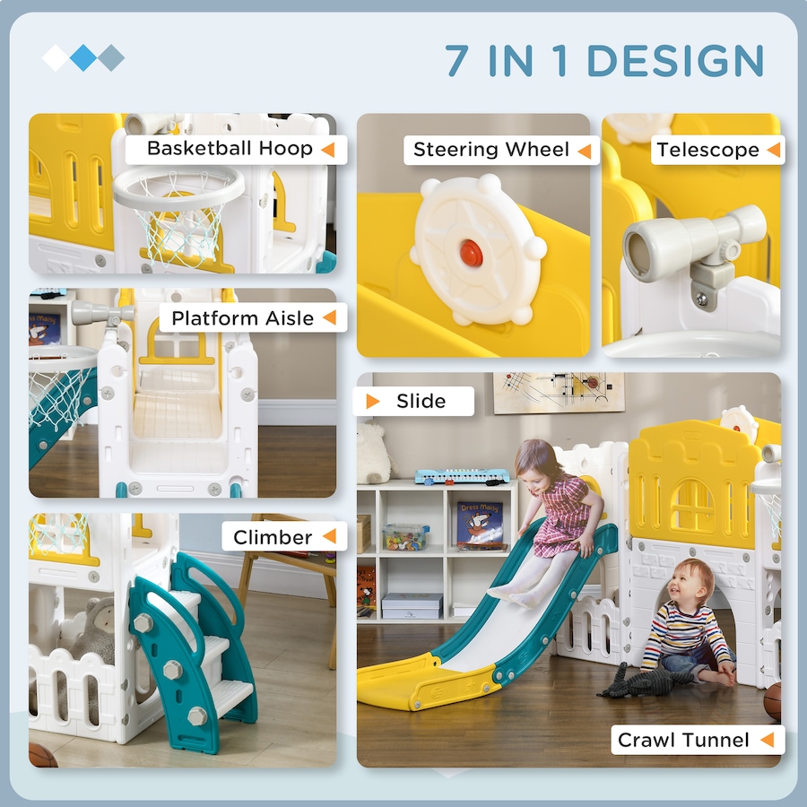 Image 947233_ALTMORE4.jpg, Product 947-233 / Price $209.99, Qaba 9 in 1 Toddler Slide with Basketball Hoop, for 1-3 Years, Yellow from Qaba on TSC.ca's Home & Garden department