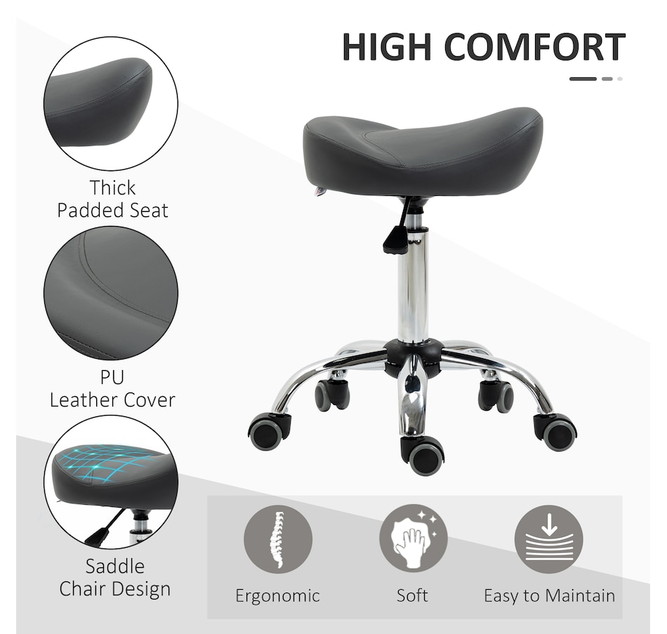 Image 947315_ALTMORE4.jpg, Product 947-315 / Price $73.99 - $79.99, HOMCOM PU Leather Saddle Stool Height Adjustable Rolling Salon Chair Grey from HOMCOM on TSC.ca's Home & Garden department