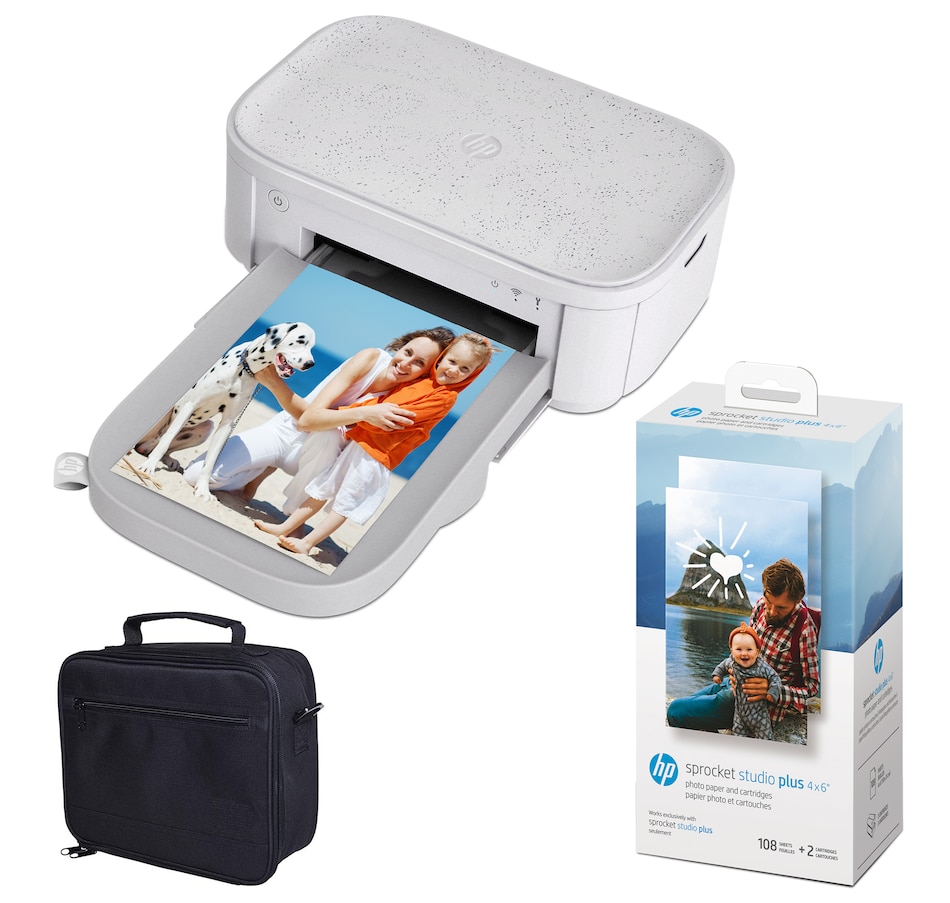 Image 947526.jpg, Product 947-526 / Price $189.99, HP Sprocket Studio Plus 4x6” Instant Color Photo Printer Case and Photo Paper Bundle - White from HP - Hewlett Packard on TSC.ca's Toys & Hobbies department