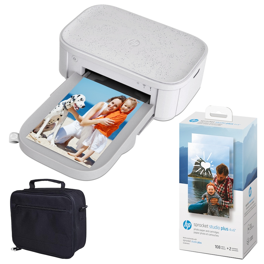 Image 947526.jpg, Product 947-526 / Price $189.99, HP Sprocket Studio Plus 4x6” Instant Color Photo Printer Case and Photo Paper Bundle - White from HP - Hewlett Packard on TSC.ca's Toys & Hobbies department