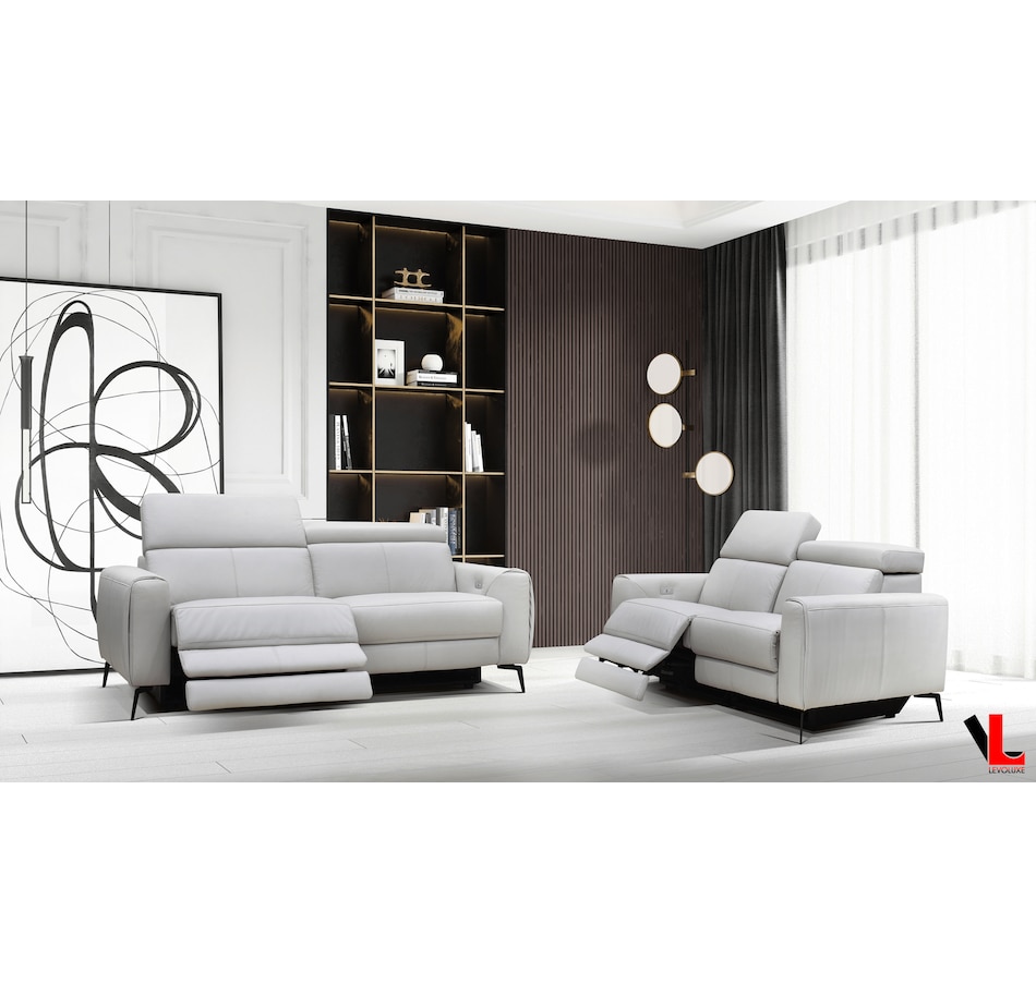 Image 948450.png, Product 948-450 / Price $5,299.99, Levoluxe Lennox 2 Piece Power Reclining Sofa and Loveseat Set with Adjustable Headrests in Light Grey Leather Match from Levoluxe on TSC.ca's Home & Garden department