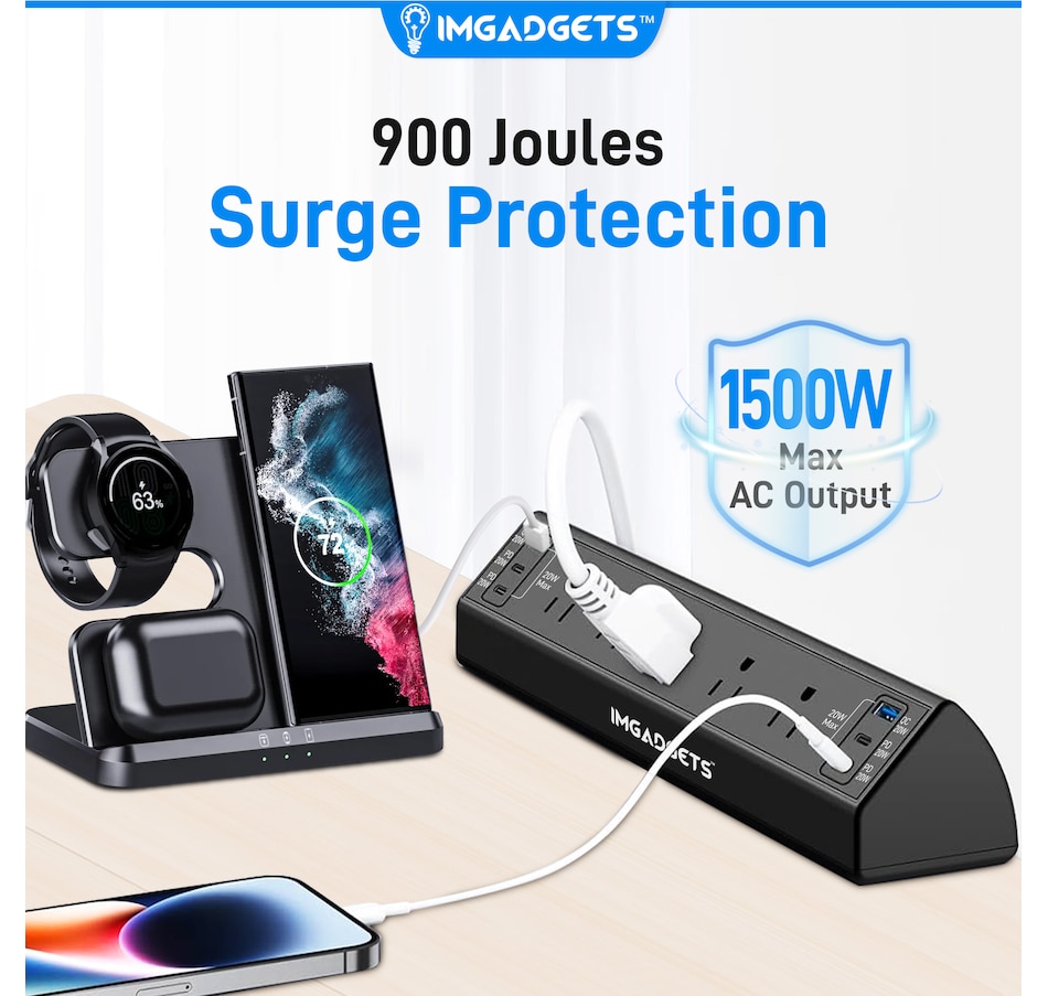 Image 948567_ALTMORE10.jpg, Product 948-567 / Price $49.99, IMGadgets Desk Clamp Power Strip | Smart Power Management with 5 AC Outlets | 20W Fast Charging | 6 USB Ports (2 USB-A, 4 USB-C) | 900J Surge Protection | Extended 6.6ft Cord | 45° Flat Plug | Space-Saving Desk Clamp from IMGadgets on TSC.ca's Toys & Hobbies department