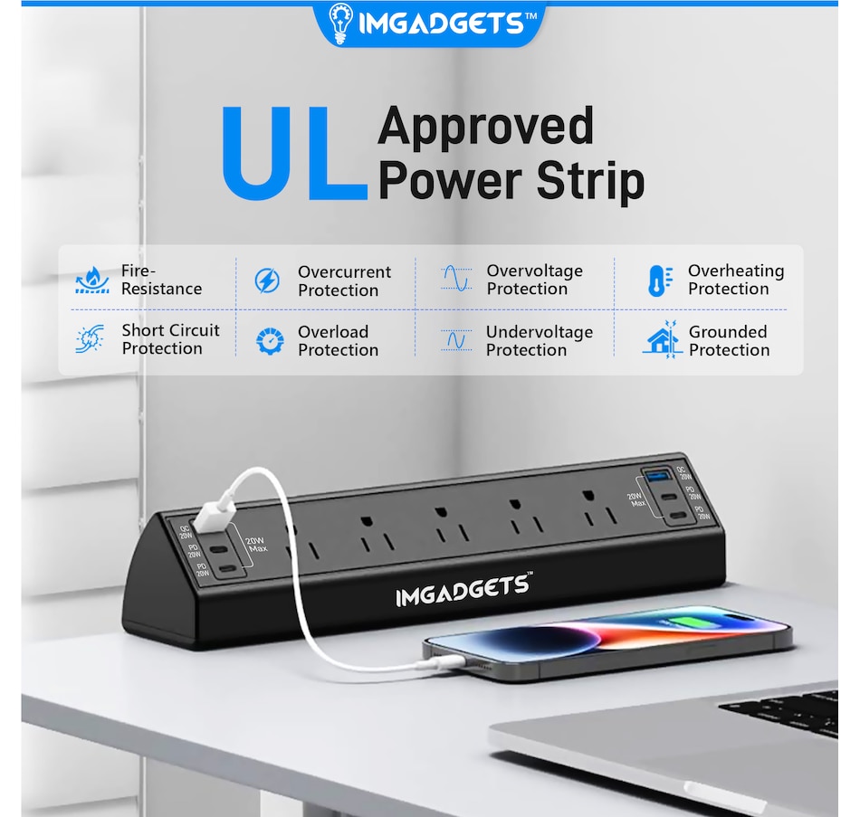 Image 948567_ALTMORE11.jpg, Product 948-567 / Price $49.99, IMGadgets Desk Clamp Power Strip | Smart Power Management with 5 AC Outlets | 20W Fast Charging | 6 USB Ports (2 USB-A, 4 USB-C) | 900J Surge Protection | Extended 6.6ft Cord | 45° Flat Plug | Space-Saving Desk Clamp from IMGadgets on TSC.ca's Toys & Hobbies department