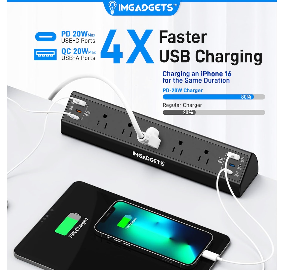 Image 948567_ALTMORE12.jpg, Product 948-567 / Price $49.99, IMGadgets Desk Clamp Power Strip | Smart Power Management with 5 AC Outlets | 20W Fast Charging | 6 USB Ports (2 USB-A, 4 USB-C) | 900J Surge Protection | Extended 6.6ft Cord | 45° Flat Plug | Space-Saving Desk Clamp from IMGadgets on TSC.ca's Toys & Hobbies department