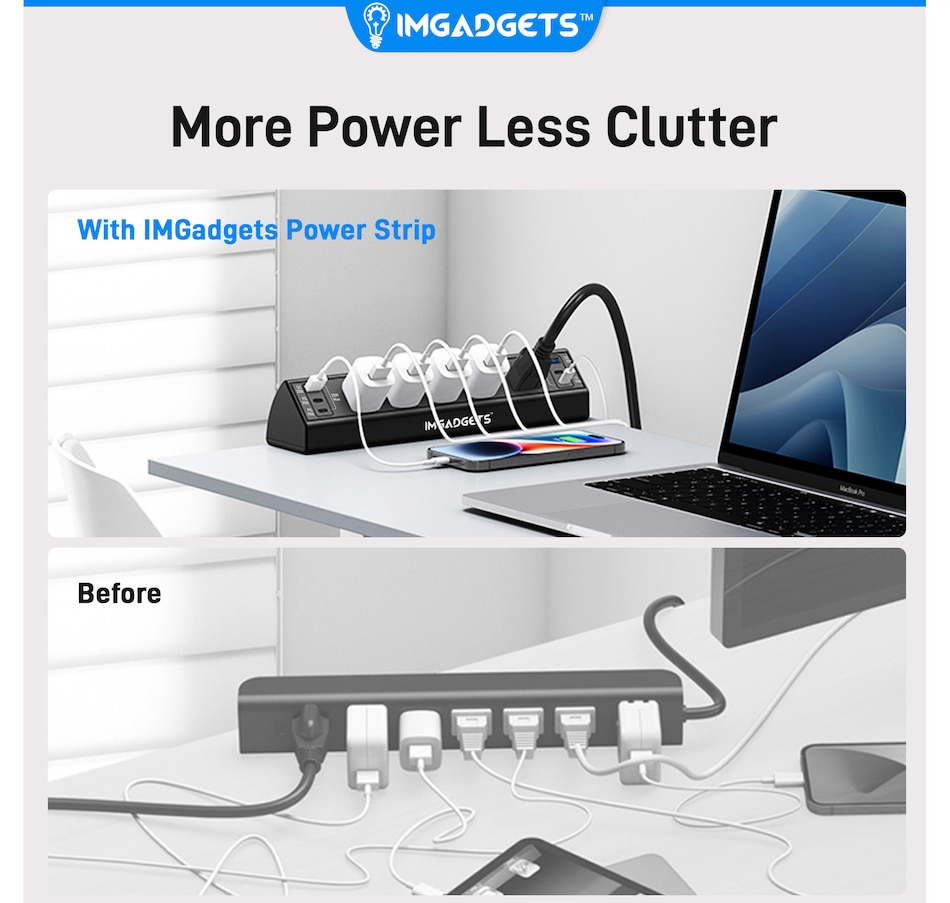 Image 948567_ALTMORE13.jpg, Product 948-567 / Price $49.99, IMGadgets Desk Clamp Power Strip | Smart Power Management with 5 AC Outlets | 20W Fast Charging | 6 USB Ports (2 USB-A, 4 USB-C) | 900J Surge Protection | Extended 6.6ft Cord | 45° Flat Plug | Space-Saving Desk Clamp from IMGadgets on TSC.ca's Toys & Hobbies department