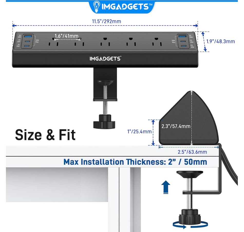 Image 948567_ALTMORE14.jpg, Product 948-567 / Price $49.99, IMGadgets Desk Clamp Power Strip | Smart Power Management with 5 AC Outlets | 20W Fast Charging | 6 USB Ports (2 USB-A, 4 USB-C) | 900J Surge Protection | Extended 6.6ft Cord | 45° Flat Plug | Space-Saving Desk Clamp from IMGadgets on TSC.ca's Toys & Hobbies department