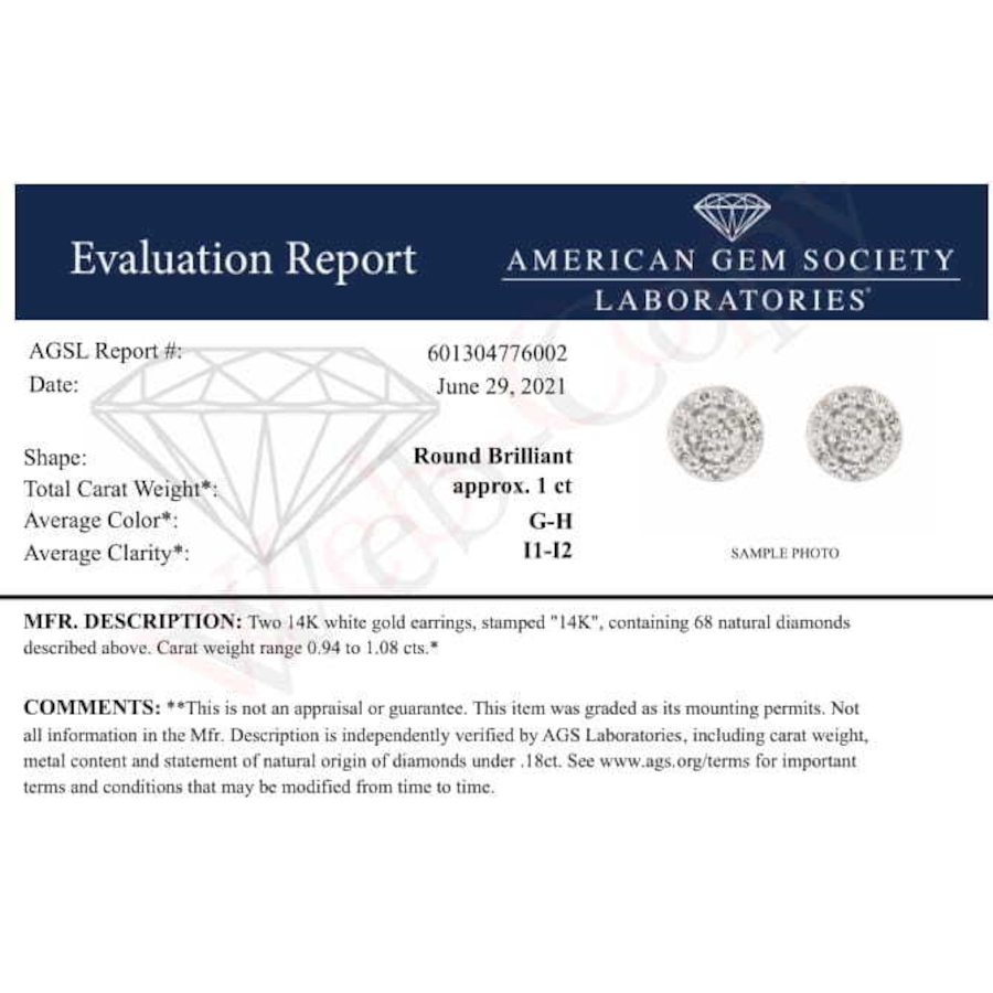 Image 948748_ALTMORE4.jpg, Product 948-748 / Price $5,152.00, AGS Certified 14K White Gold 1.0 Cttw Brilliant-Cut Diamond Halo-Style Cluster Round Button Stud Earrings (G-H Color, I1-I2 Clarity) from Haus of Brilliance on TSC.ca's Jewellery department