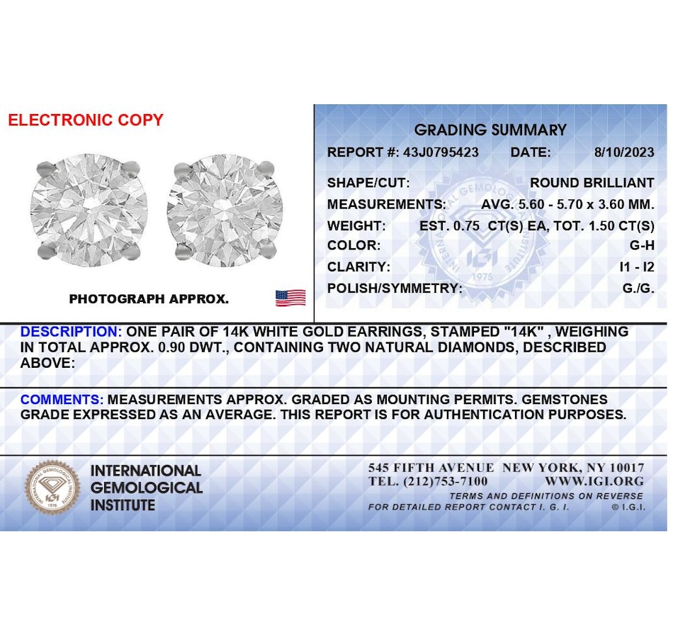 Image 948752_ALTMORE3.jpg, Product 948-752 / Price $6,909.00, IGI Certified 14K White Gold 1 1/2 Cttw Round Diamond Solitaire Stud Earrings with Screwbacks (G-H Color, I1-I2 Clarity) from Haus of Brilliance on TSC.ca's Jewellery department