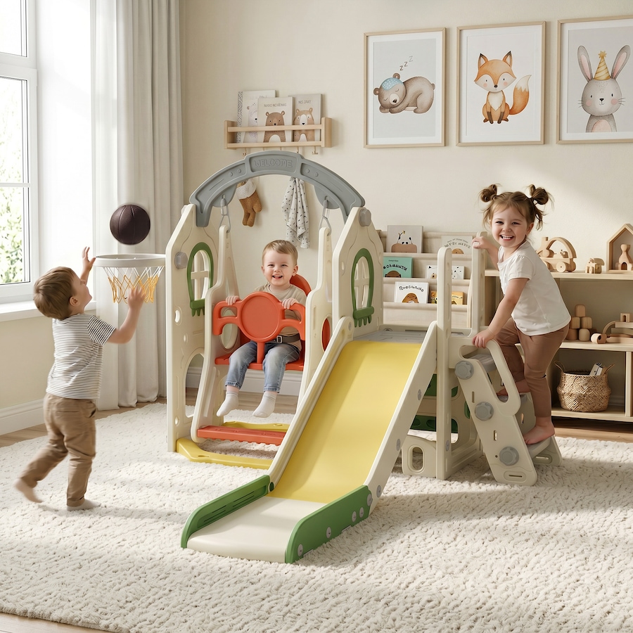 Image 952697_ALTMORE1.jpg, Product 952-697 / Price $169.99, Qaba Foldable 6 in 1 Toddler Slide and Swing Set with Climber, Cream from Qaba on TSC.ca's Home & Garden department