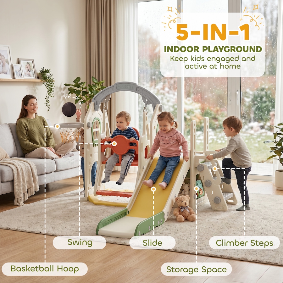 Image 952697_ALTMORE3.jpg, Product 952-697 / Price $169.99, Qaba Foldable 6 in 1 Toddler Slide and Swing Set with Climber, Cream from Qaba on TSC.ca's Home & Garden department