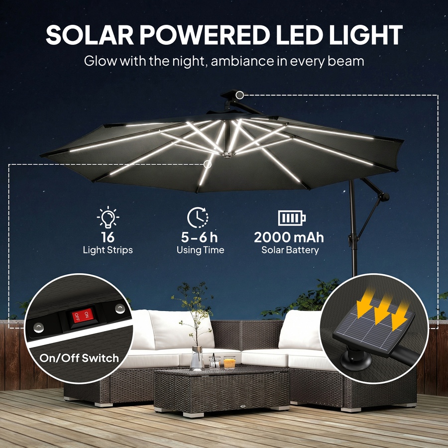 Image 952748_ALTMORE3.jpg, Product 952-748 / Price $152.99, Outsunny 10 ft Offset Patio Umbrella with Solar Light, Hanging Parasol from Outsunny on TSC.ca's Home & Garden department