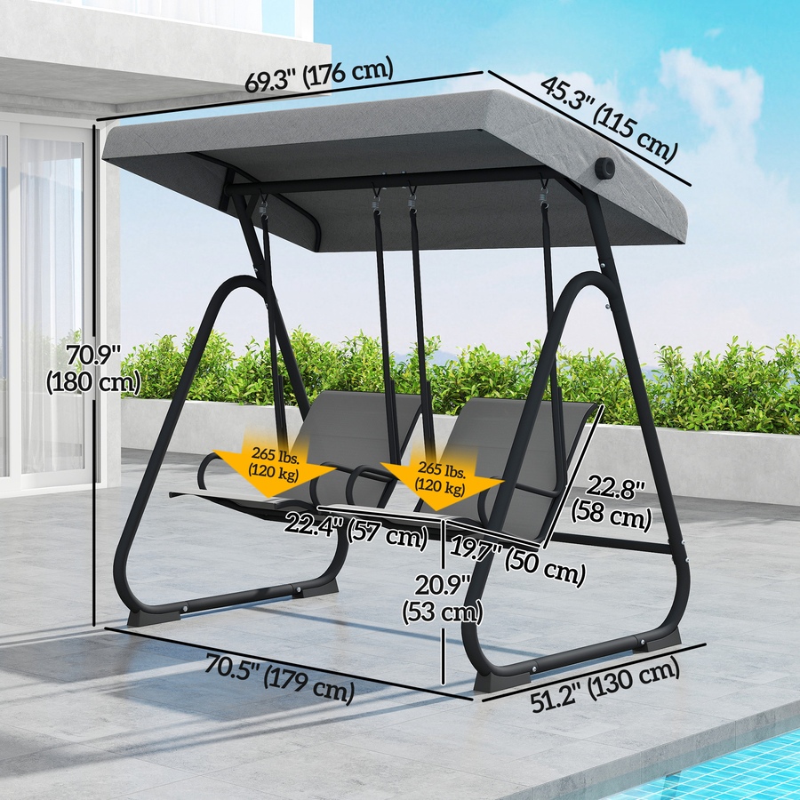 Image 952802_ALTMORE2.jpg, Product 952-802 / Price $409.99, Outsunny Patio Swing Chair w/Adjustable Canopy 2-Seat, Grey from Outsunny on TSC.ca's Home & Garden department