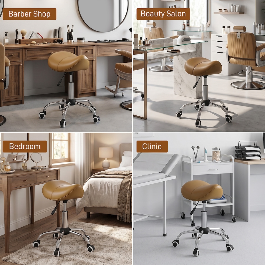 Image 952837_ALTMORE4.jpg, Product 952-837 / Price $64.99, HOMCOM Salon Stool with Wheels, Adjustable Saddle Chair, Light Brown from HOMCOM on TSC.ca's Home & Garden department